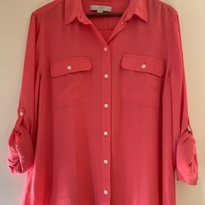 Ann Taylor LOFT coral long sleeve button up, with 3/4 sleeve roll.